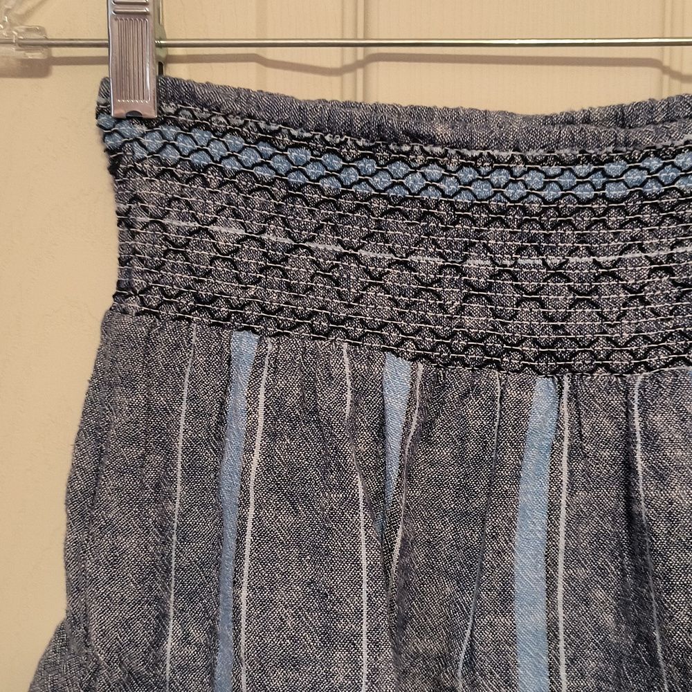 Indigo Rein Smocked Waist Blue Striped Tiered A Line Skirt Size S Linen Blend - Picture 3 of 6